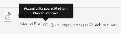 Course content in Blackboard showing medium accessibility score and to click to improve content