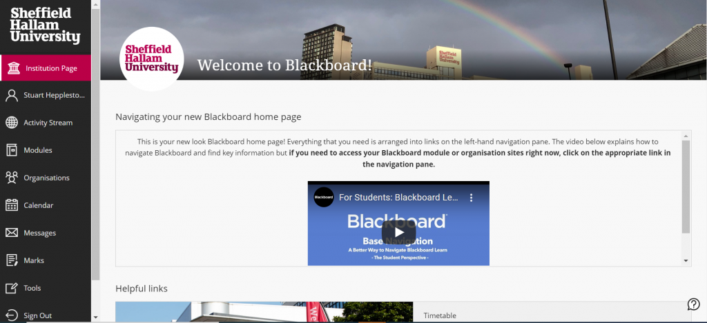 Sheffield Hallam Blackboard Home Page