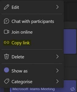 Screenshot of right-click options on teams meeting