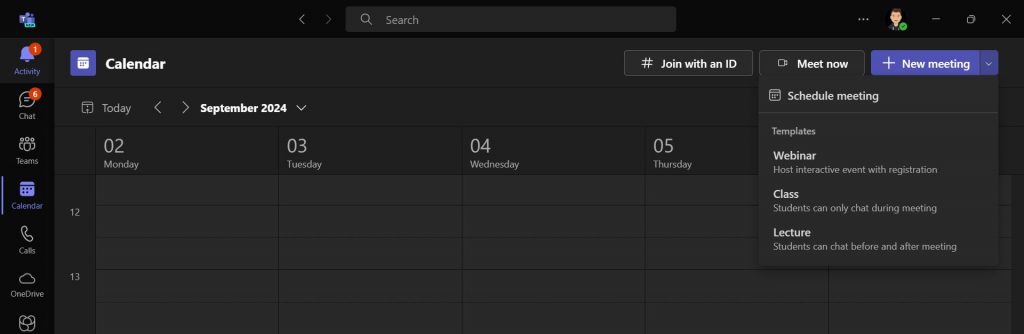 Screenshot of how to create 'class' meeting on Team Calendar interface