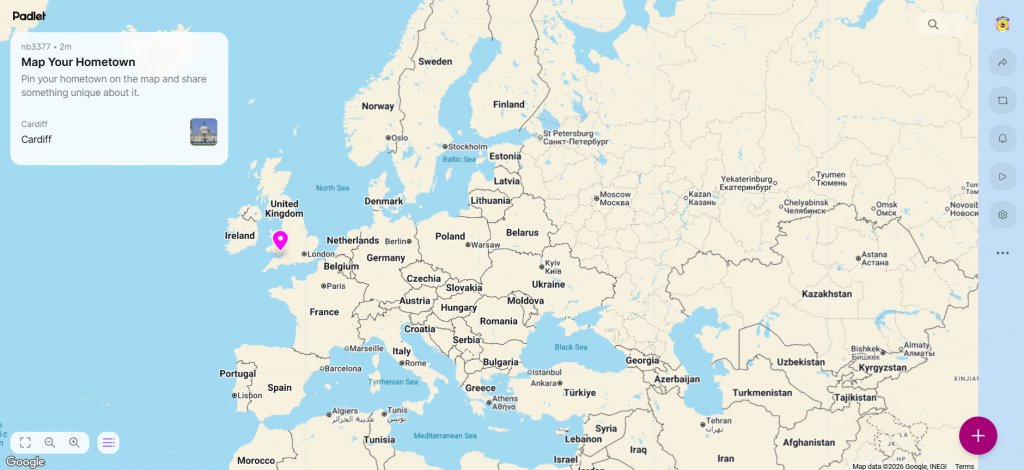 Figure 1 - Map Your Hometown Activity Example - A Padlet map of the world with one pin on Cardiff, Wales.