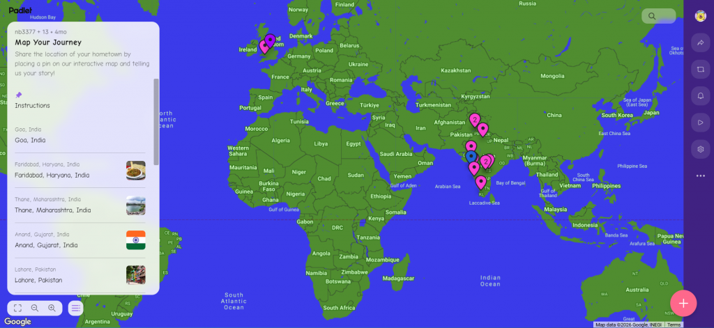 Figure 2 - Map Your Journey Activity Example - A Padlet map with student location pins.