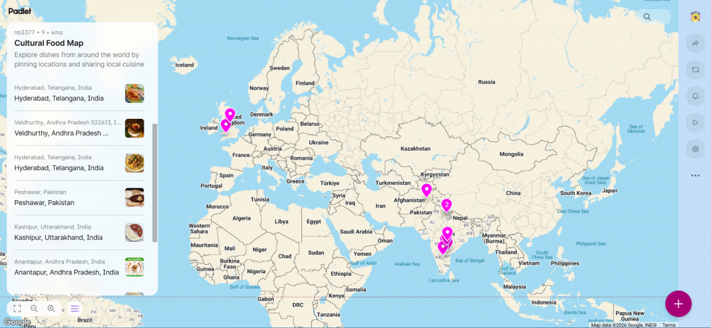 Figure 3 - Cultural Food Map Activity Example - A Padlet map showing the local cuisines of a group of students.
