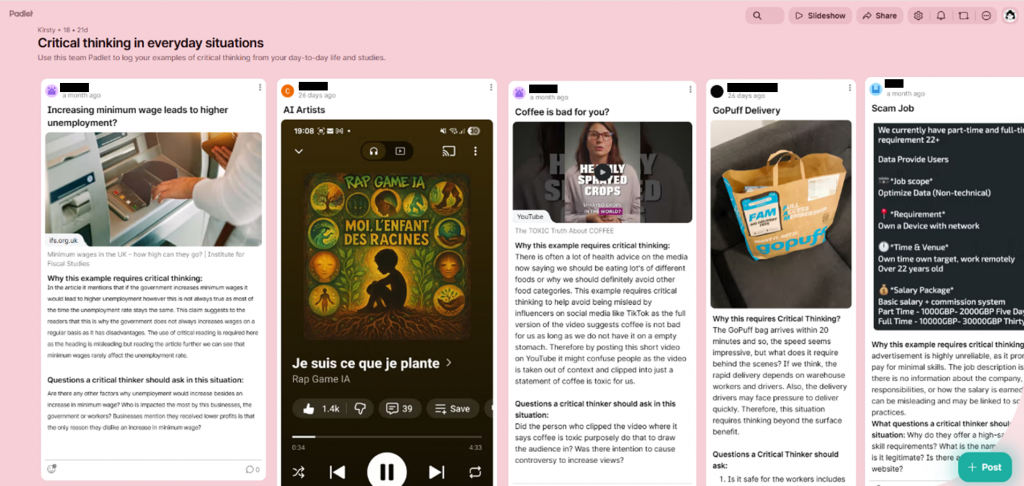 Figure 2 - A screengrab from a Padlet board where students recorded examples of critical thinking from everyday life ahead as a preparatory task for an online panel.
