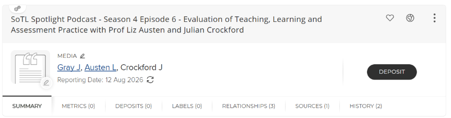 Screenshot of an online Elements record for a SoTL Podcast
