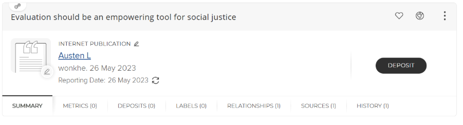 Screenshot of an online Elements record for a wonkhe publication 