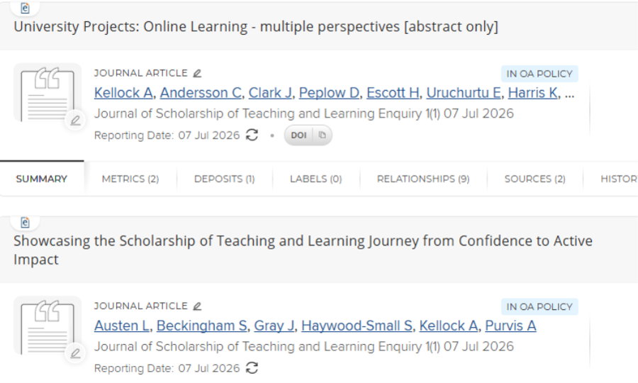 Screenshot of an online Elements record for two journal articles