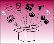 Figure 3: Illustration of an open box with various icons emerging from the box. The icons represent different approaches of data gathering, including photos, audio, video, observations and games.